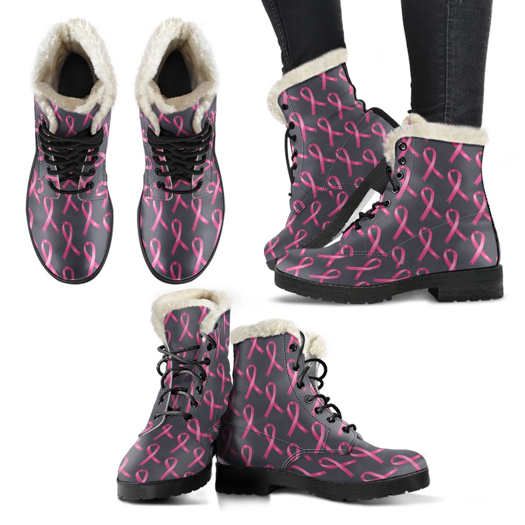 Breast Cancer Awareness Pattern Faux Fur Leather Boots-JTAMIGO.COM