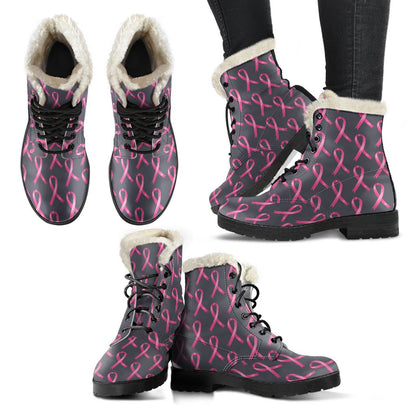 Breast Cancer Awareness Pattern Faux Fur Leather Boots-JTAMIGO.COM