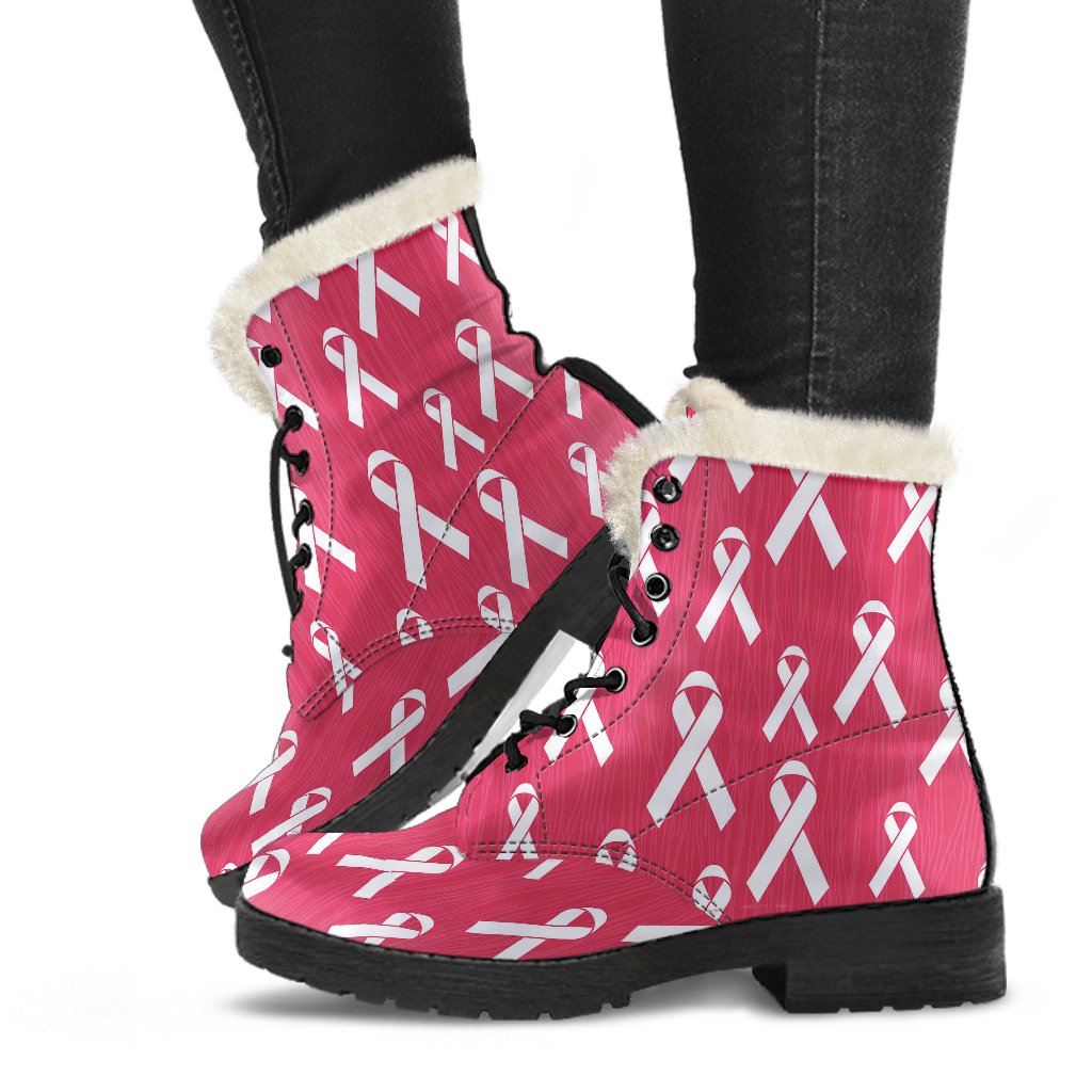 Breast Cancer Awareness Symbol Faux Fur Leather Boots-JTAMIGO.COM