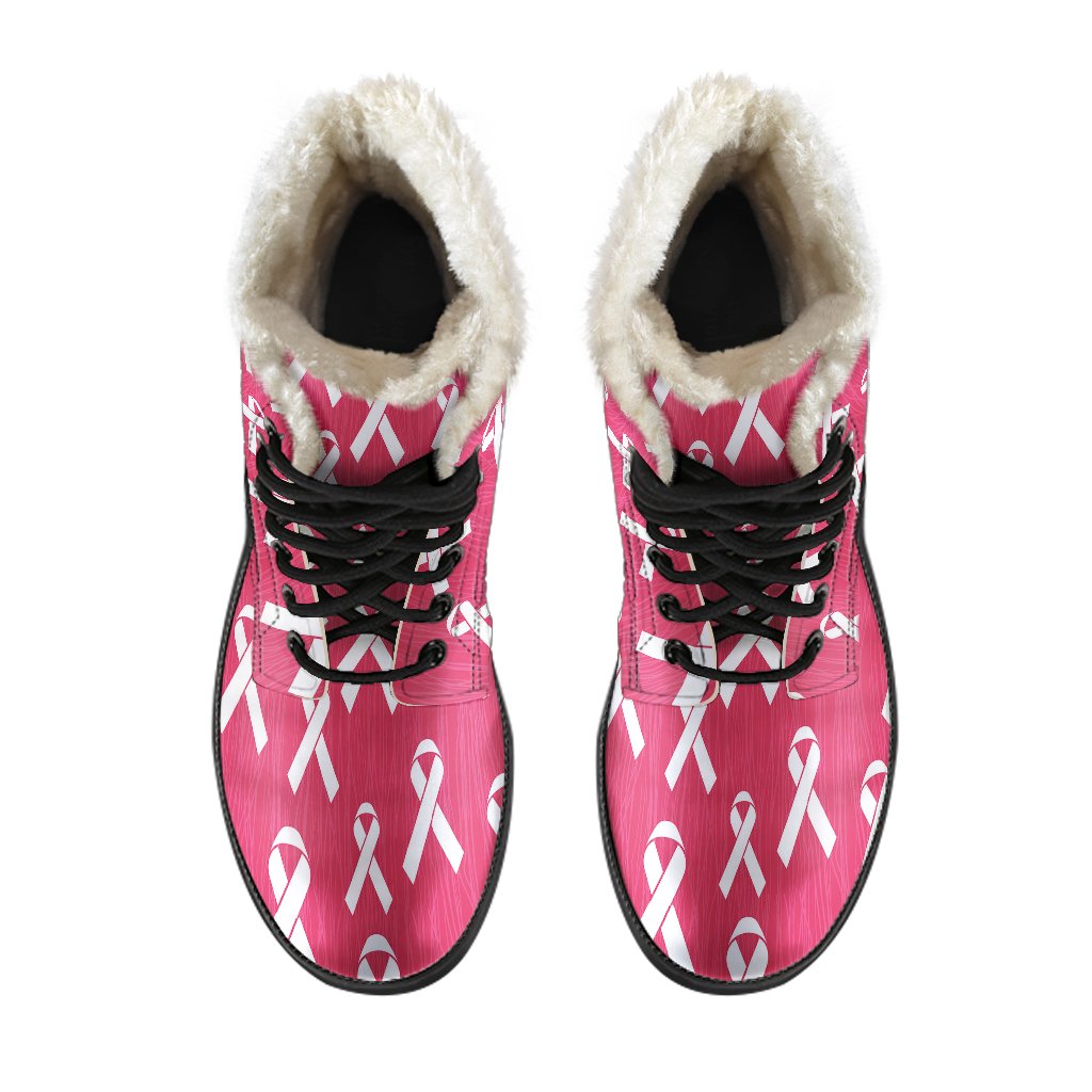 Breast Cancer Awareness Symbol Faux Fur Leather Boots-JTAMIGO.COM