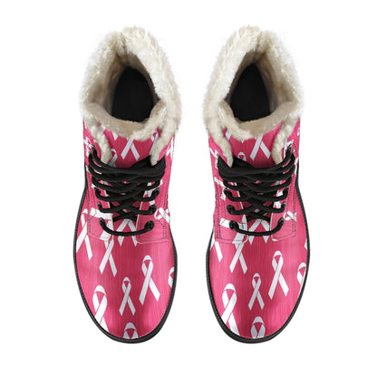 Breast Cancer Awareness Symbol Faux Fur Leather Boots-JTAMIGO.COM