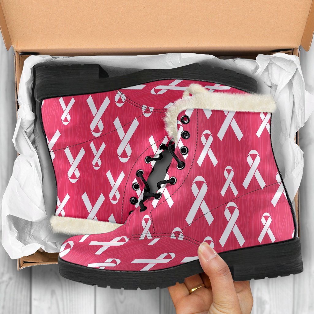 Breast Cancer Awareness Symbol Faux Fur Leather Boots-JTAMIGO.COM