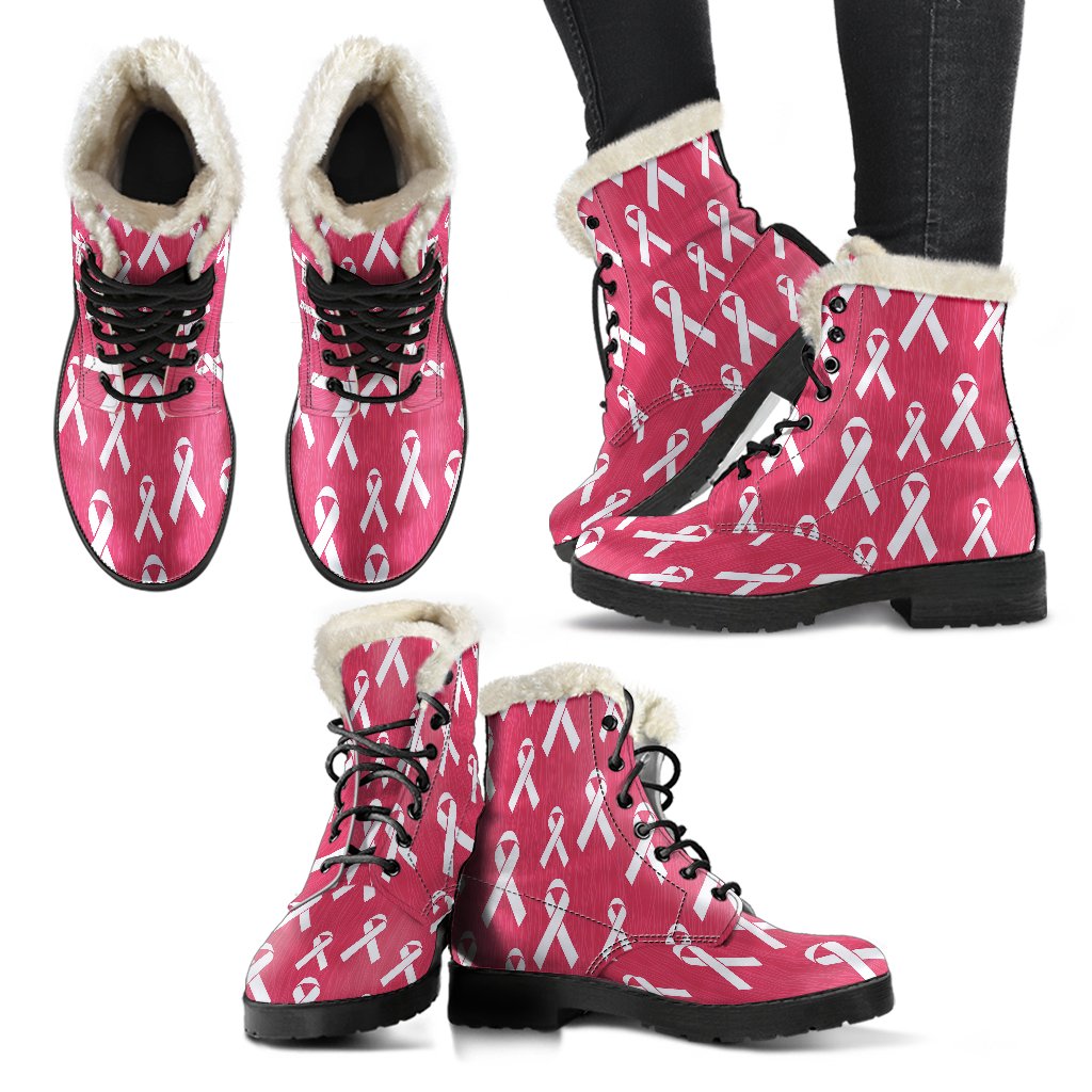 Breast Cancer Awareness Symbol Faux Fur Leather Boots-JTAMIGO.COM