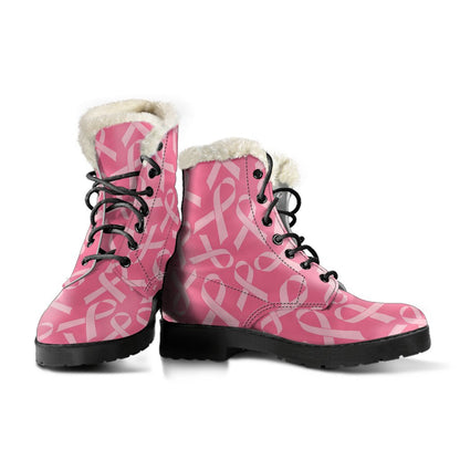 Breast Cancer Awareness Themed Faux Fur Leather Boots-JTAMIGO.COM