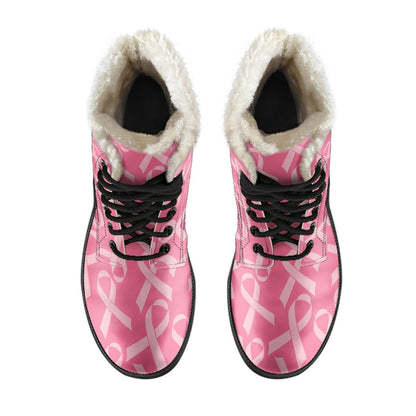 Breast Cancer Awareness Themed Faux Fur Leather Boots-JTAMIGO.COM