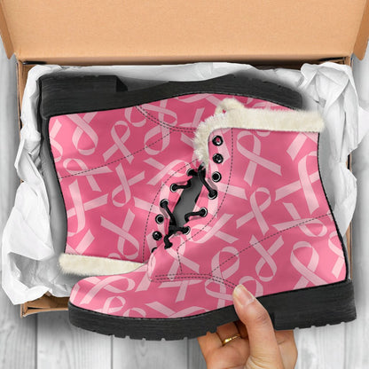 Breast Cancer Awareness Themed Faux Fur Leather Boots-JTAMIGO.COM