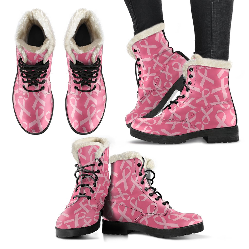 Breast Cancer Awareness Themed Faux Fur Leather Boots-JTAMIGO.COM