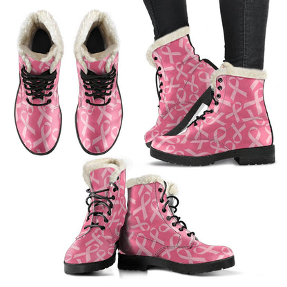 Breast Cancer Awareness Themed Faux Fur Leather Boots-JTAMIGO.COM
