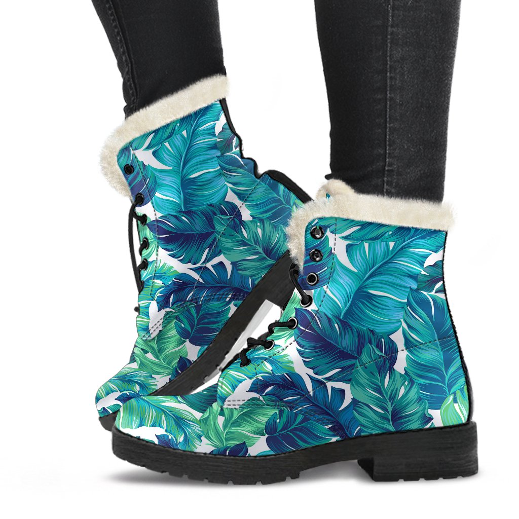 Brightness Tropical Palm Leaves Faux Fur Leather Boots-JTAMIGO.COM