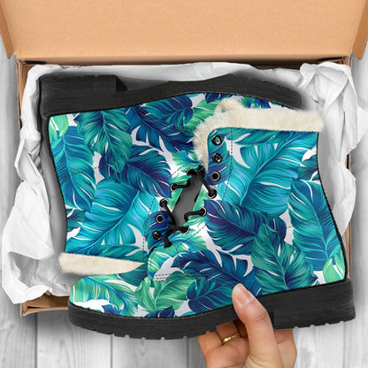 Brightness Tropical Palm Leaves Faux Fur Leather Boots-JTAMIGO.COM