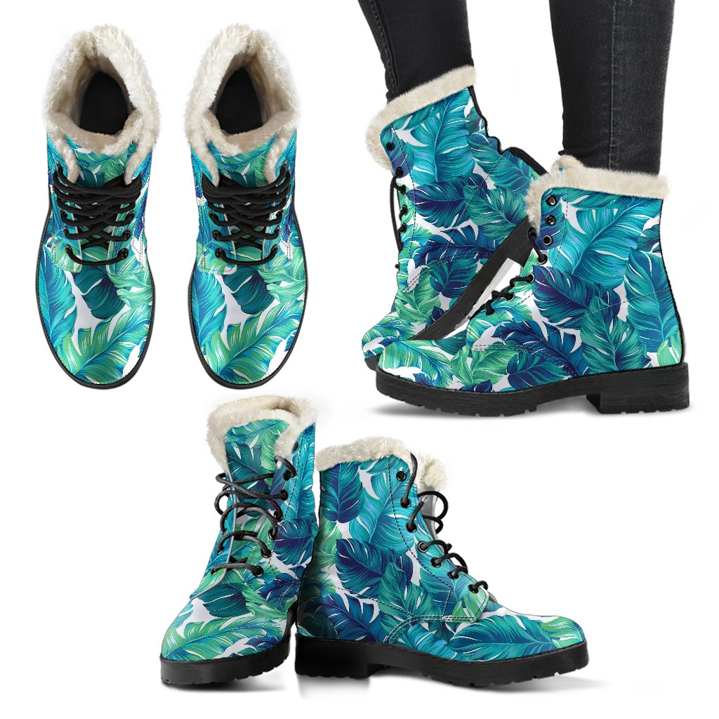Brightness Tropical Palm Leaves Faux Fur Leather Boots-JTAMIGO.COM
