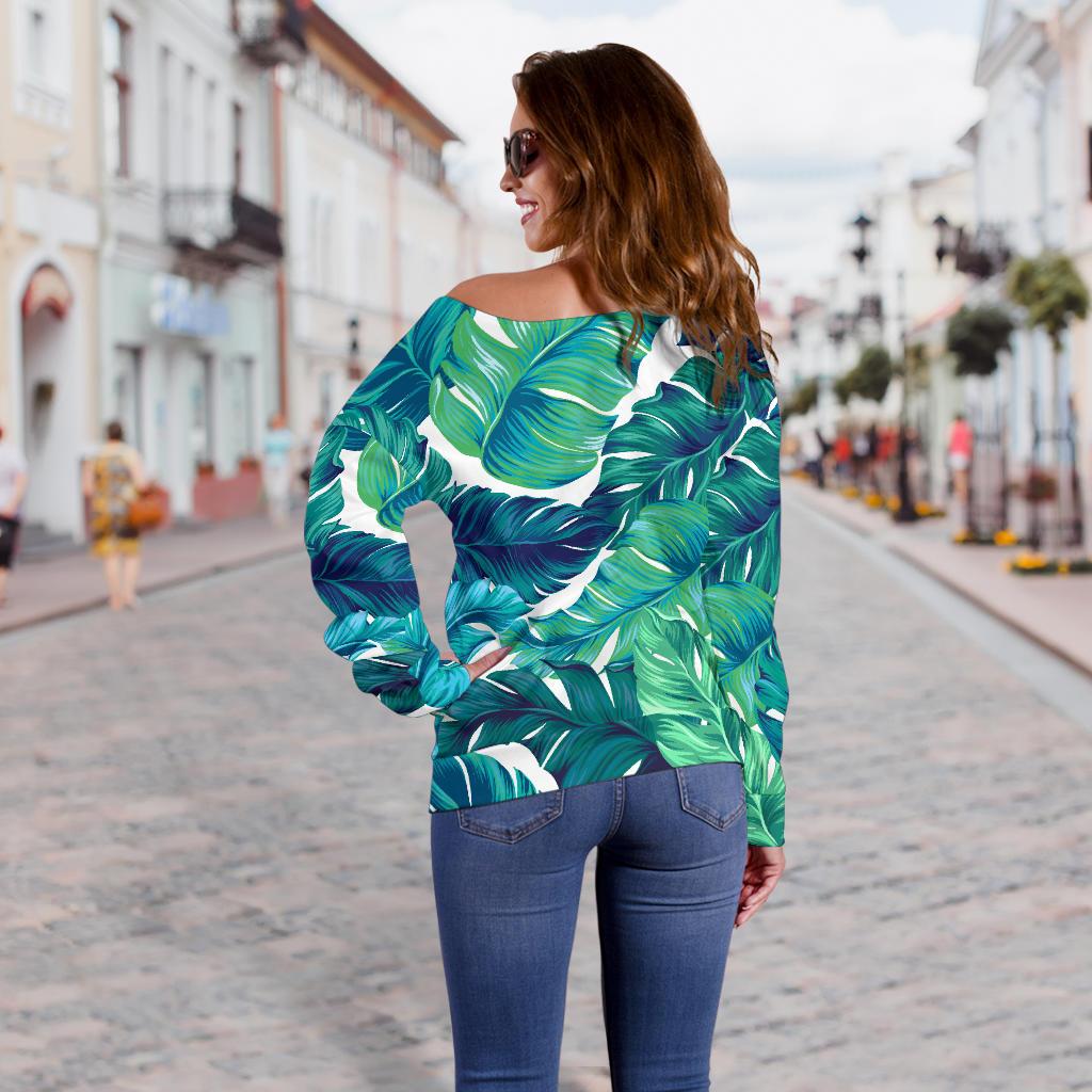 Brightness Tropical Palm Leaves Off Shoulder Sweatshirt