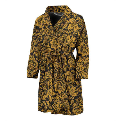 Brocade Gold Pattern Print Design 01 Men Bathrobe-JORJUNE.COM