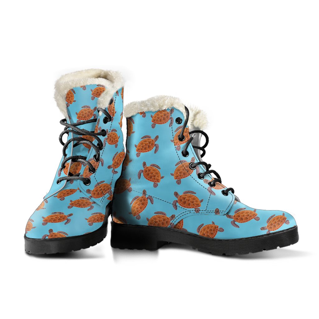 Brow Sea Turtle Print Pattern Faux Fur Leather Boots-JTAMIGO.COM