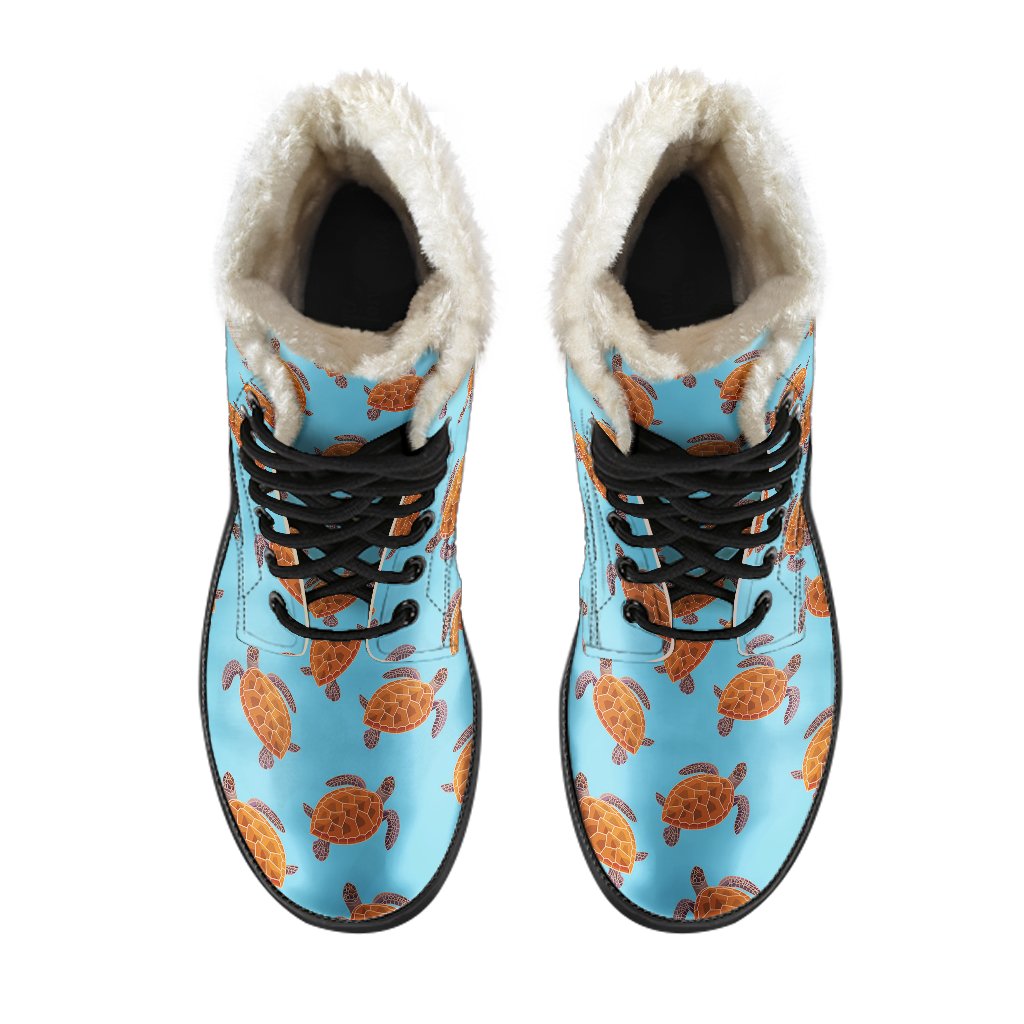 Brow Sea Turtle Print Pattern Faux Fur Leather Boots-JTAMIGO.COM
