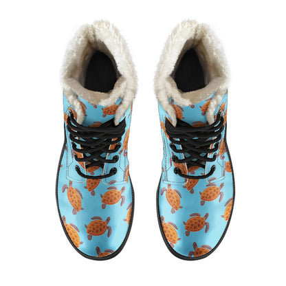 Brow Sea Turtle Print Pattern Faux Fur Leather Boots-JTAMIGO.COM