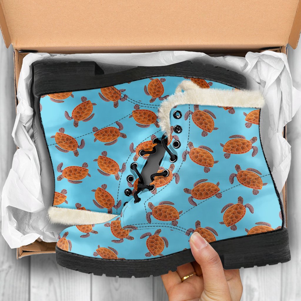 Brow Sea Turtle Print Pattern Faux Fur Leather Boots-JTAMIGO.COM