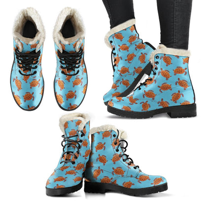 Brow Sea Turtle Print Pattern Faux Fur Leather Boots-JTAMIGO.COM