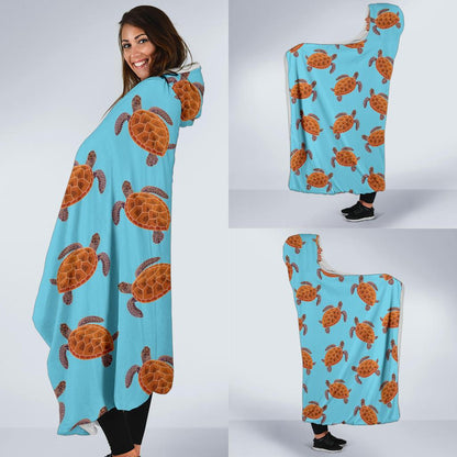 Brow Sea Turtle Print Pattern Hooded Blanket-JTAMIGO.COM