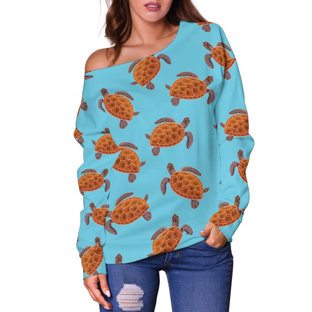 Brow Sea Turtle Print Pattern Off Shoulder Sweatshirt