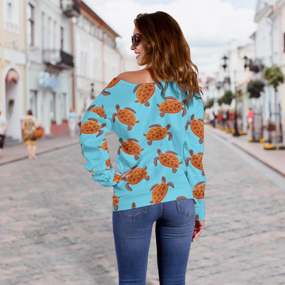 Brow Sea Turtle Print Pattern Off Shoulder Sweatshirt