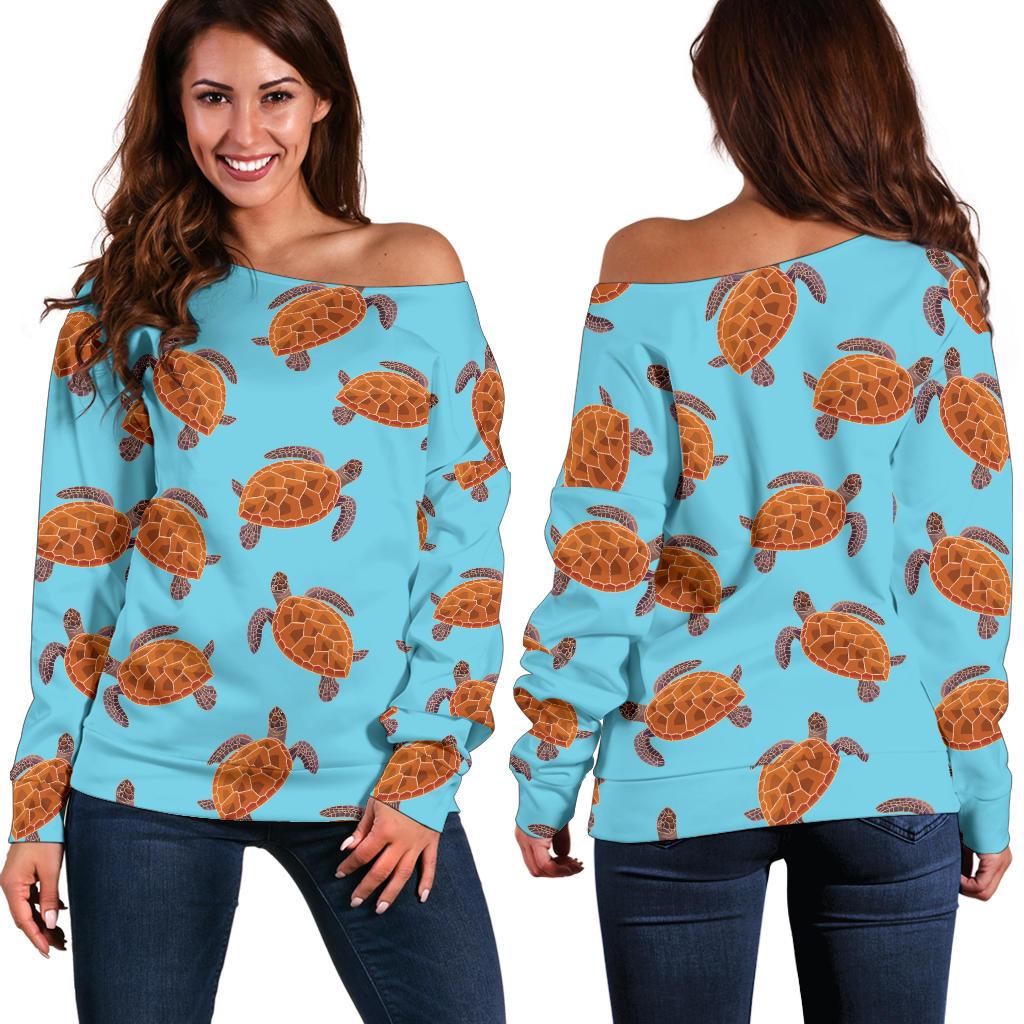 Brow Sea Turtle Print Pattern Off Shoulder Sweatshirt