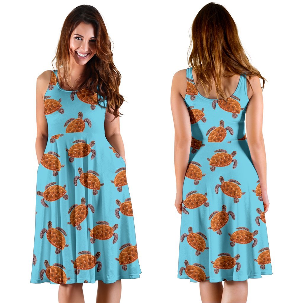 Brow Sea Turtle Print Pattern Sleeveless Dress