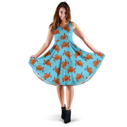 Brow Sea Turtle Print Pattern Sleeveless Dress