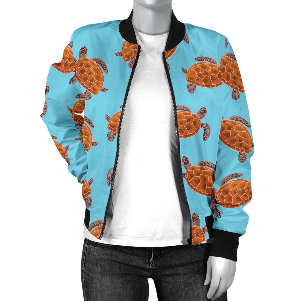 Brow Sea Turtle Print Pattern Women Casual Bomber Jacket