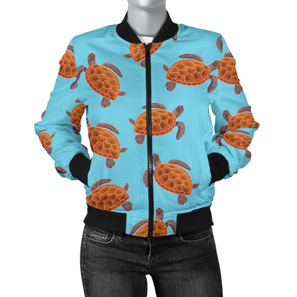 Brow Sea Turtle Print Pattern Women Casual Bomber Jacket