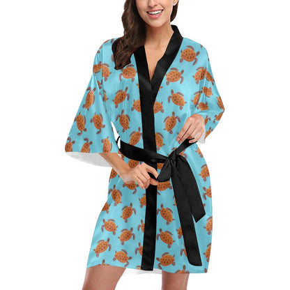 Brow Sea Turtle Print Pattern Women Short Kimono Robe