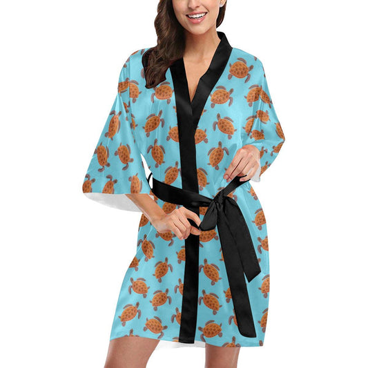 Brow Sea Turtle Print Pattern Women Short Kimono Robe