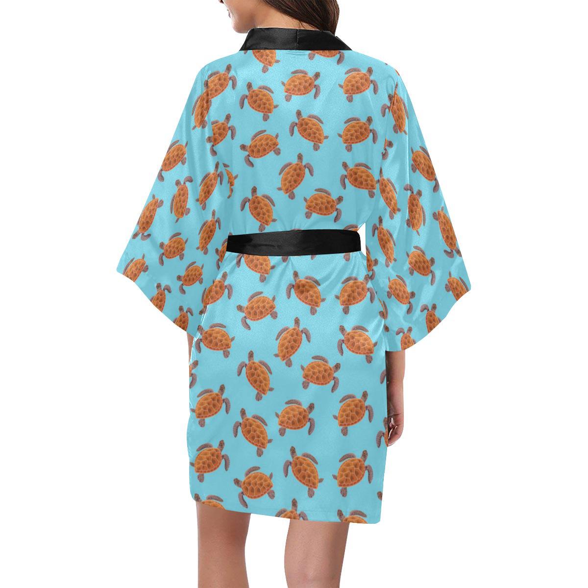 Brow Sea Turtle Print Pattern Women Short Kimono Robe