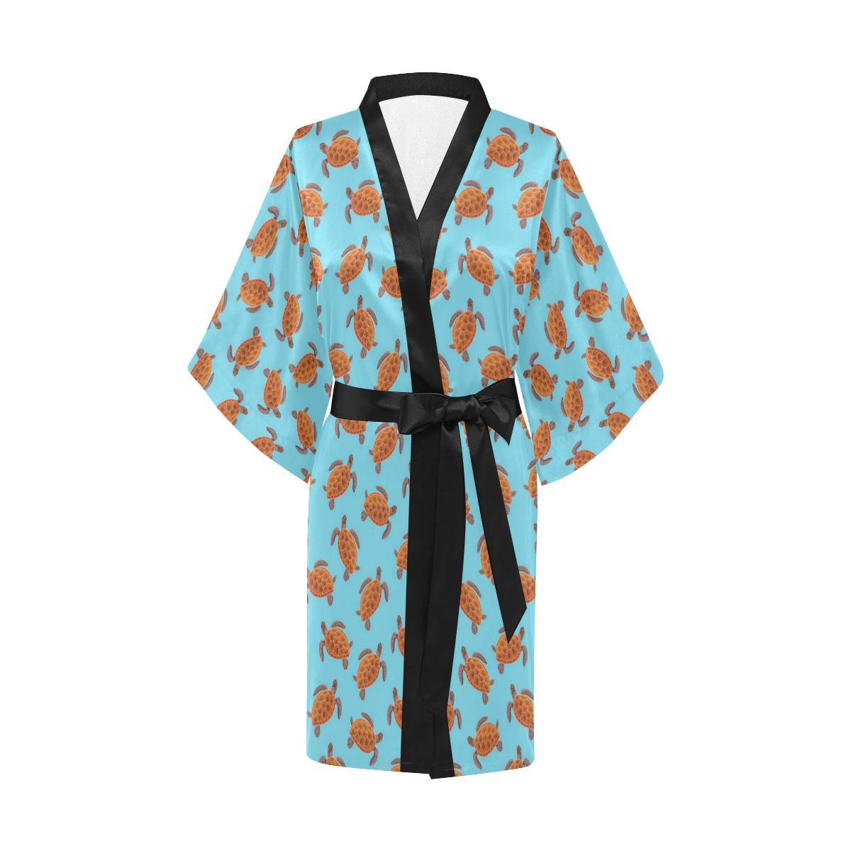 Brow Sea Turtle Print Pattern Women Short Kimono Robe