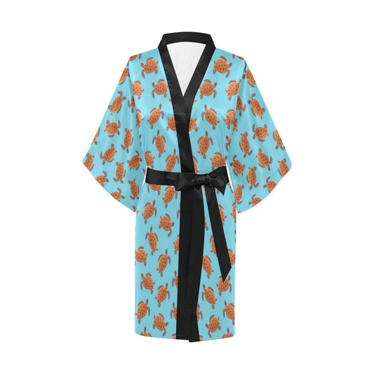 Brow Sea Turtle Print Pattern Women Short Kimono Robe