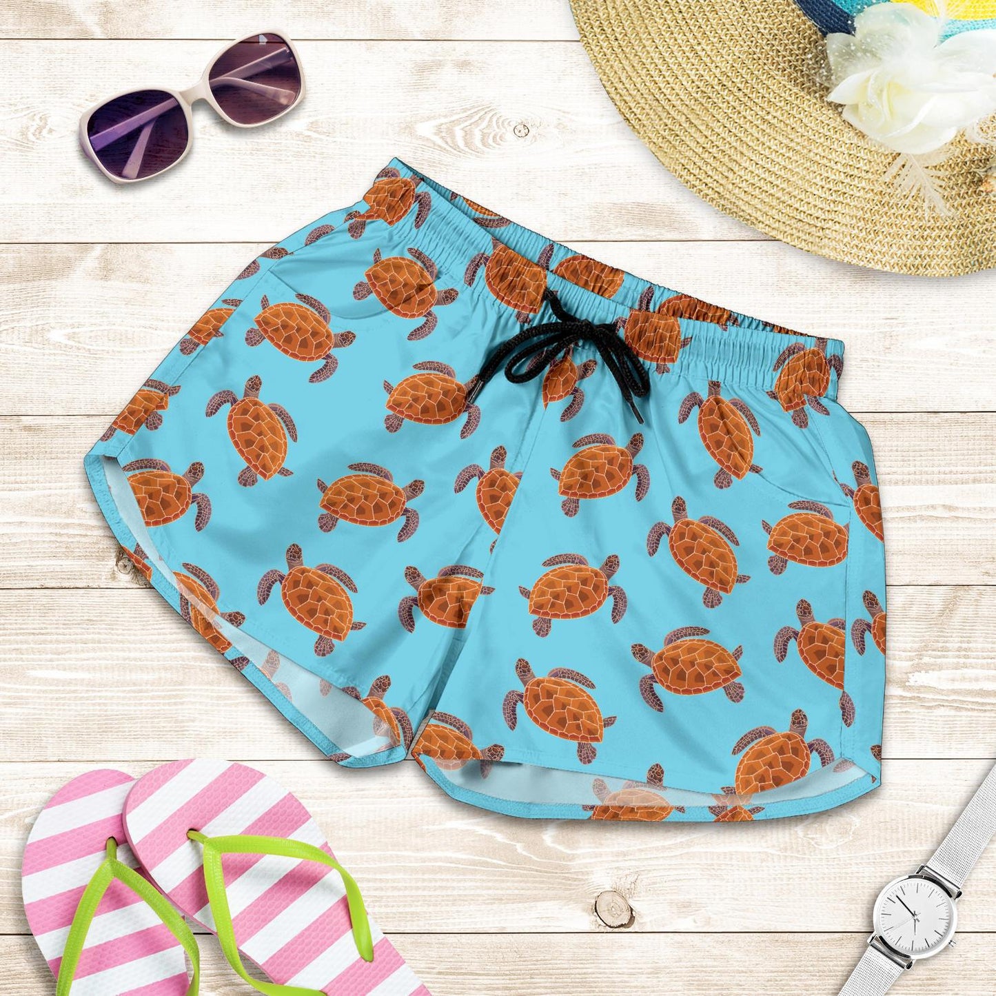 Brow Sea Turtle Print Pattern Women Shorts-JTAMIGO.COM