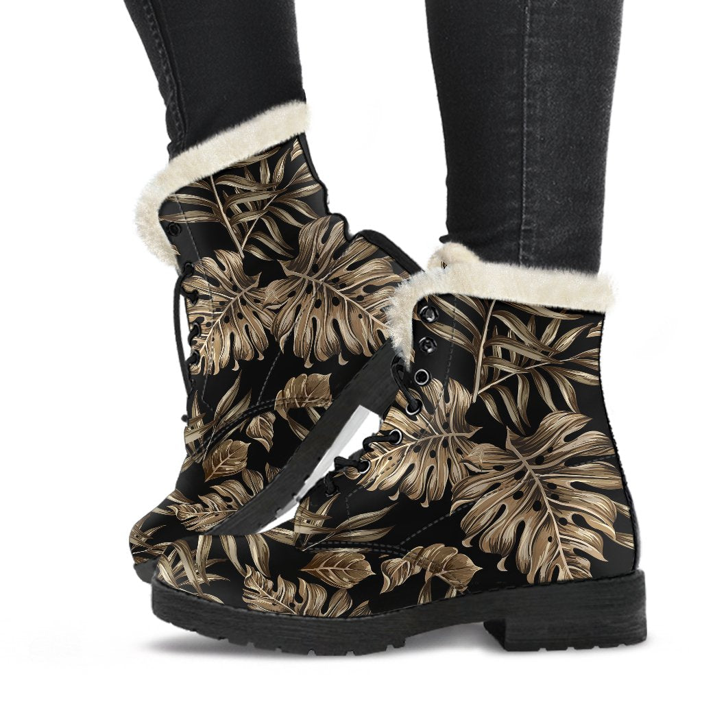 Brown Tropical Palm Leaves Faux Fur Leather Boots-JTAMIGO.COM