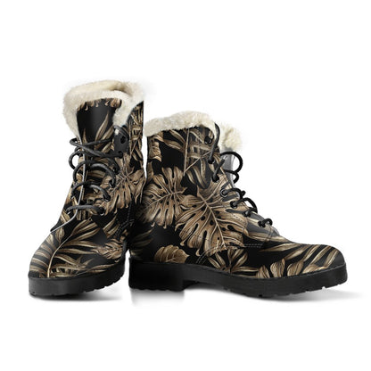 Brown Tropical Palm Leaves Faux Fur Leather Boots-JTAMIGO.COM