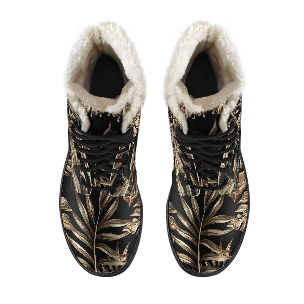 Brown Tropical Palm Leaves Faux Fur Leather Boots-JTAMIGO.COM