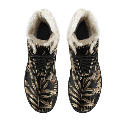 Brown Tropical Palm Leaves Faux Fur Leather Boots-JTAMIGO.COM