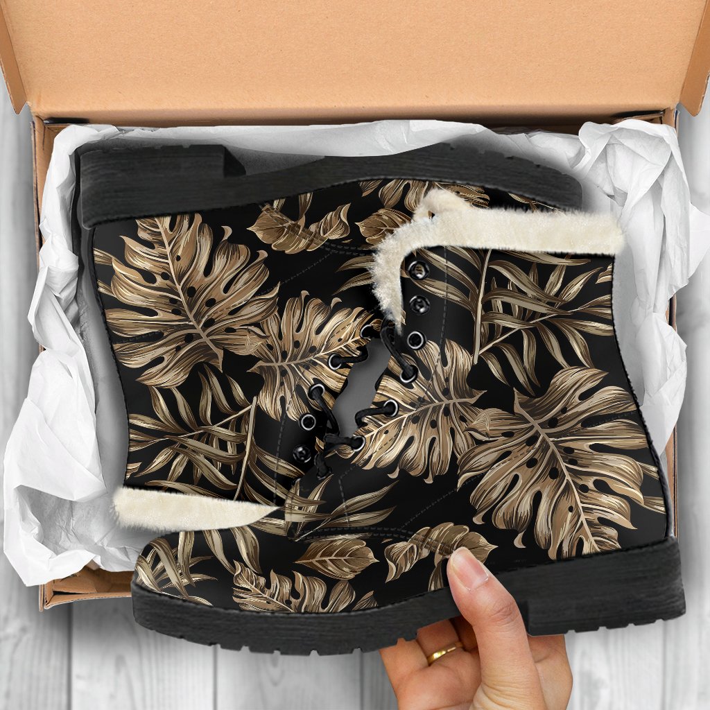 Brown Tropical Palm Leaves Faux Fur Leather Boots-JTAMIGO.COM