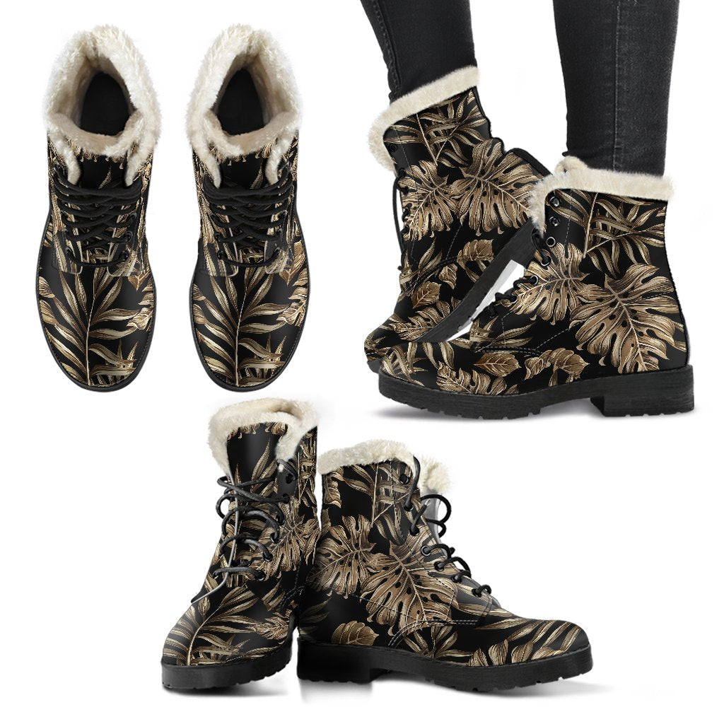 Brown Tropical Palm Leaves Faux Fur Leather Boots-JTAMIGO.COM