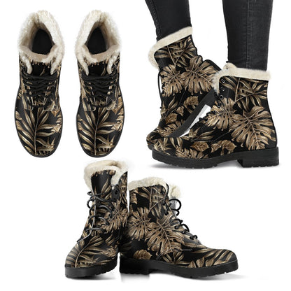 Brown Tropical Palm Leaves Faux Fur Leather Boots-JTAMIGO.COM
