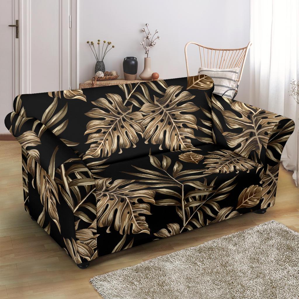Brown Tropical Palm Leaves Loveseat Slipcover-JTAMIGO.COM