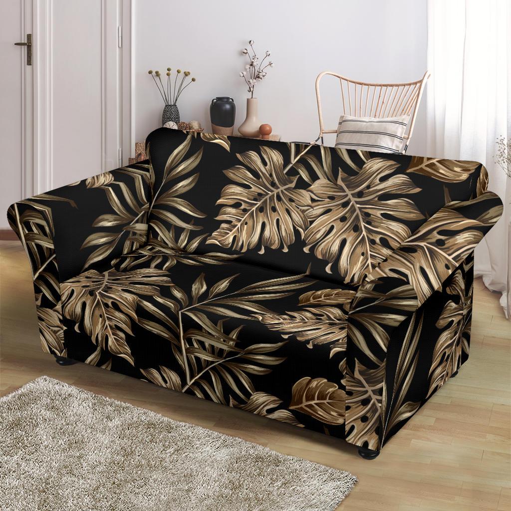 Brown Tropical Palm Leaves Loveseat Slipcover-JTAMIGO.COM
