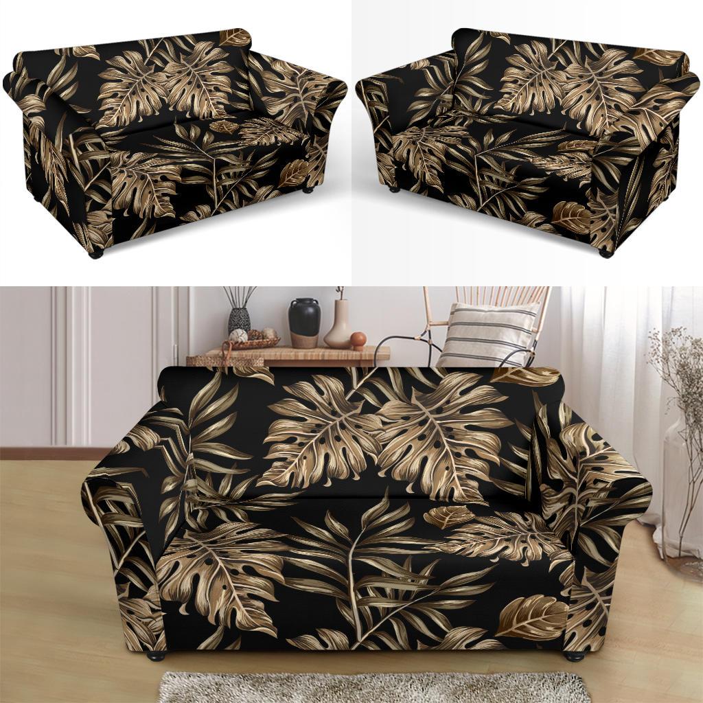 Brown Tropical Palm Leaves Loveseat Slipcover-JTAMIGO.COM