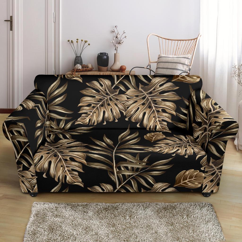 Brown Tropical Palm Leaves Loveseat Slipcover-JTAMIGO.COM