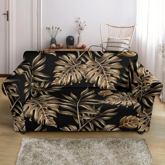Brown Tropical Palm Leaves Loveseat Slipcover-JTAMIGO.COM