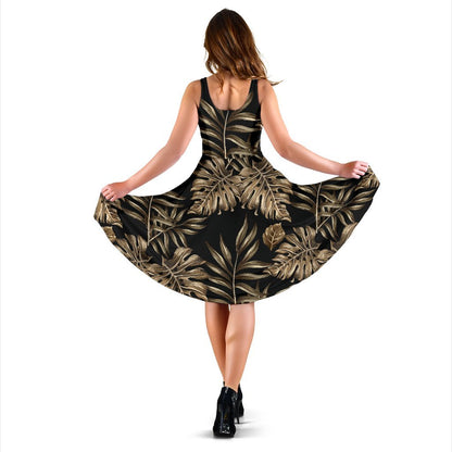 Brown Tropical Palm Leaves Sleeveless Dress