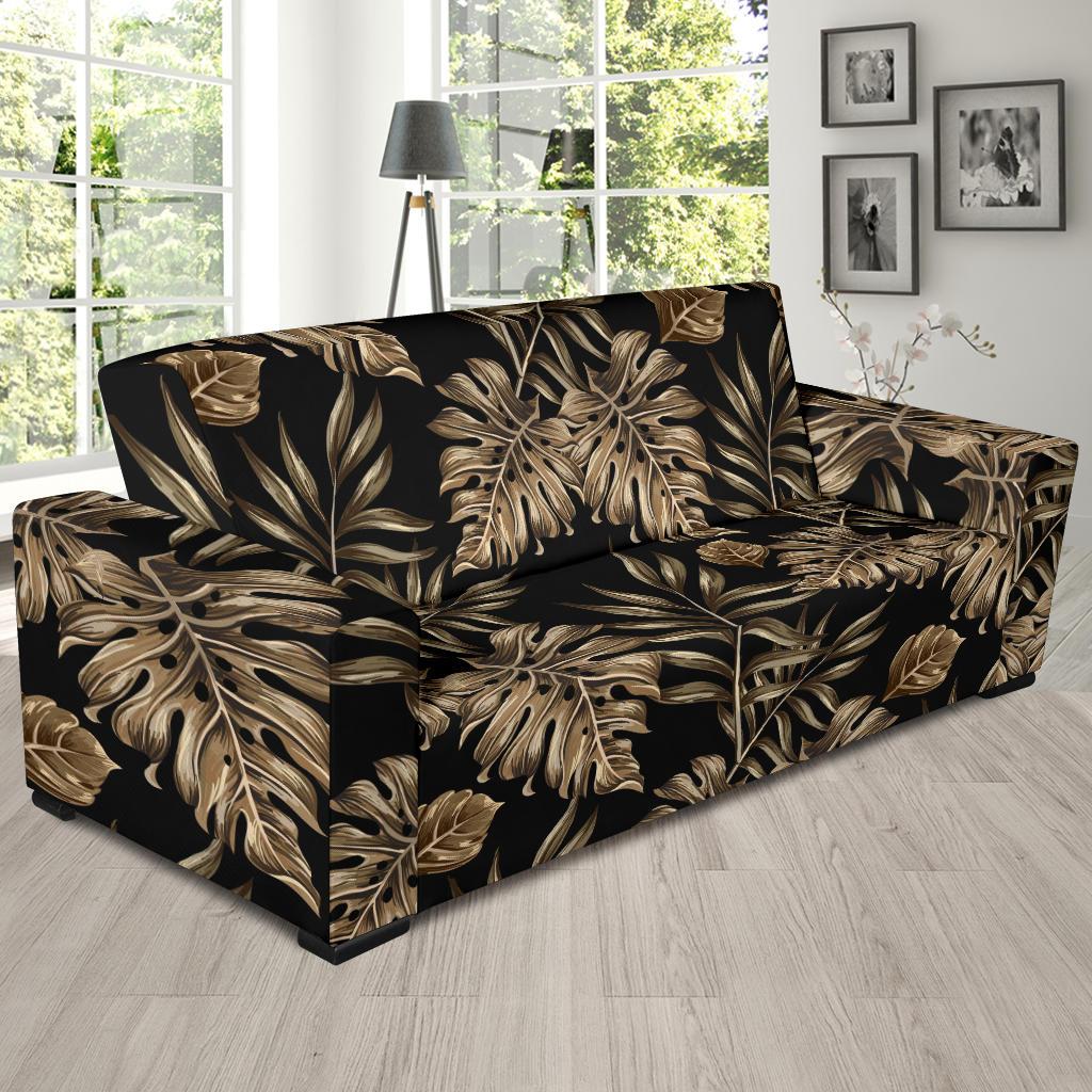 Brown Tropical Palm Leaves Sofa Slipcover-JTAMIGO.COM